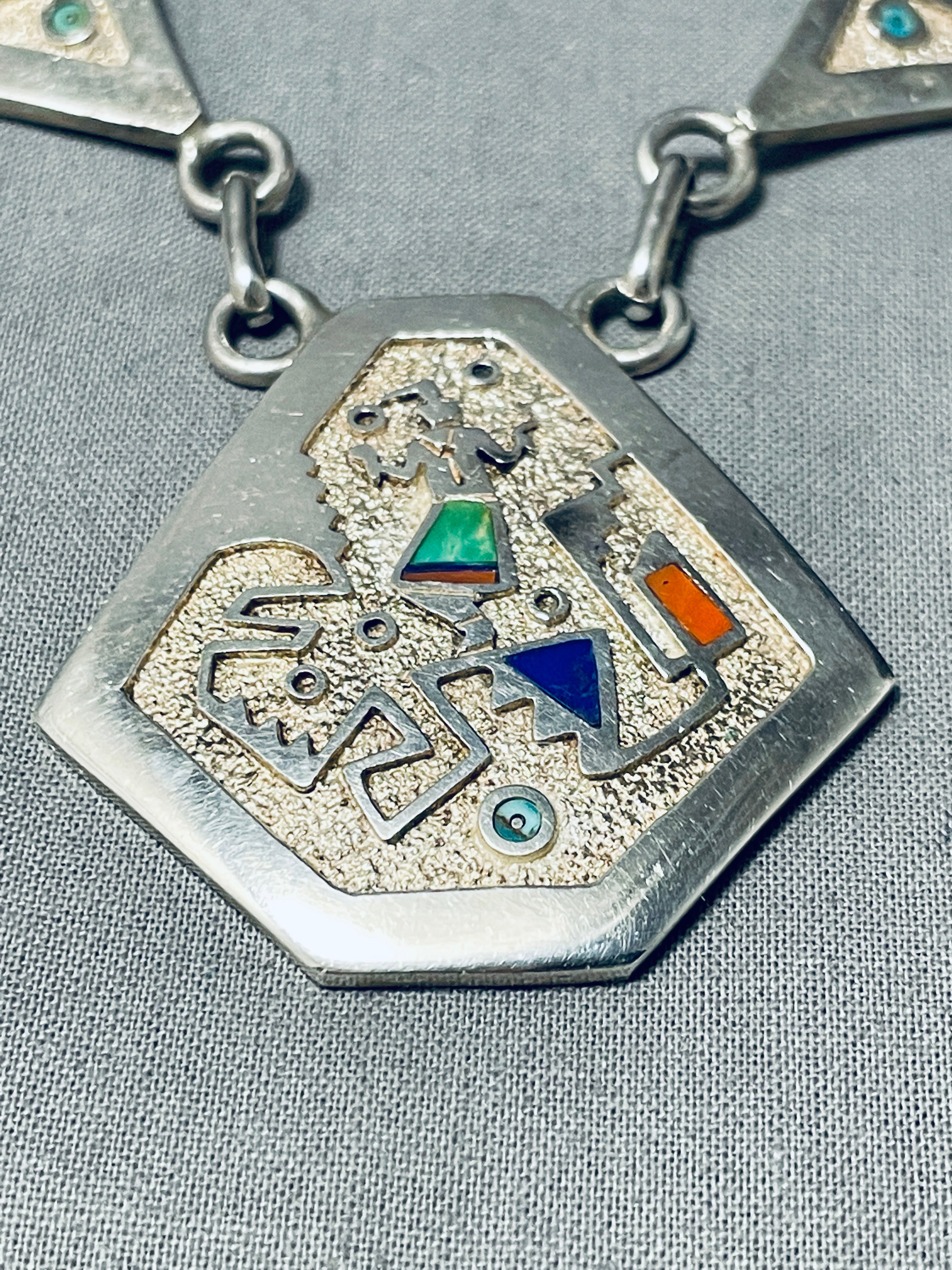 One Of The Coolest Vintage Native American Navajo Turquoise Inlay Sterling Silver Necklace