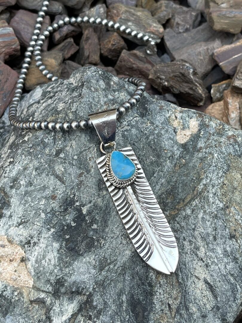 Handmade Sterling Silver Turquoise Feather Pendant