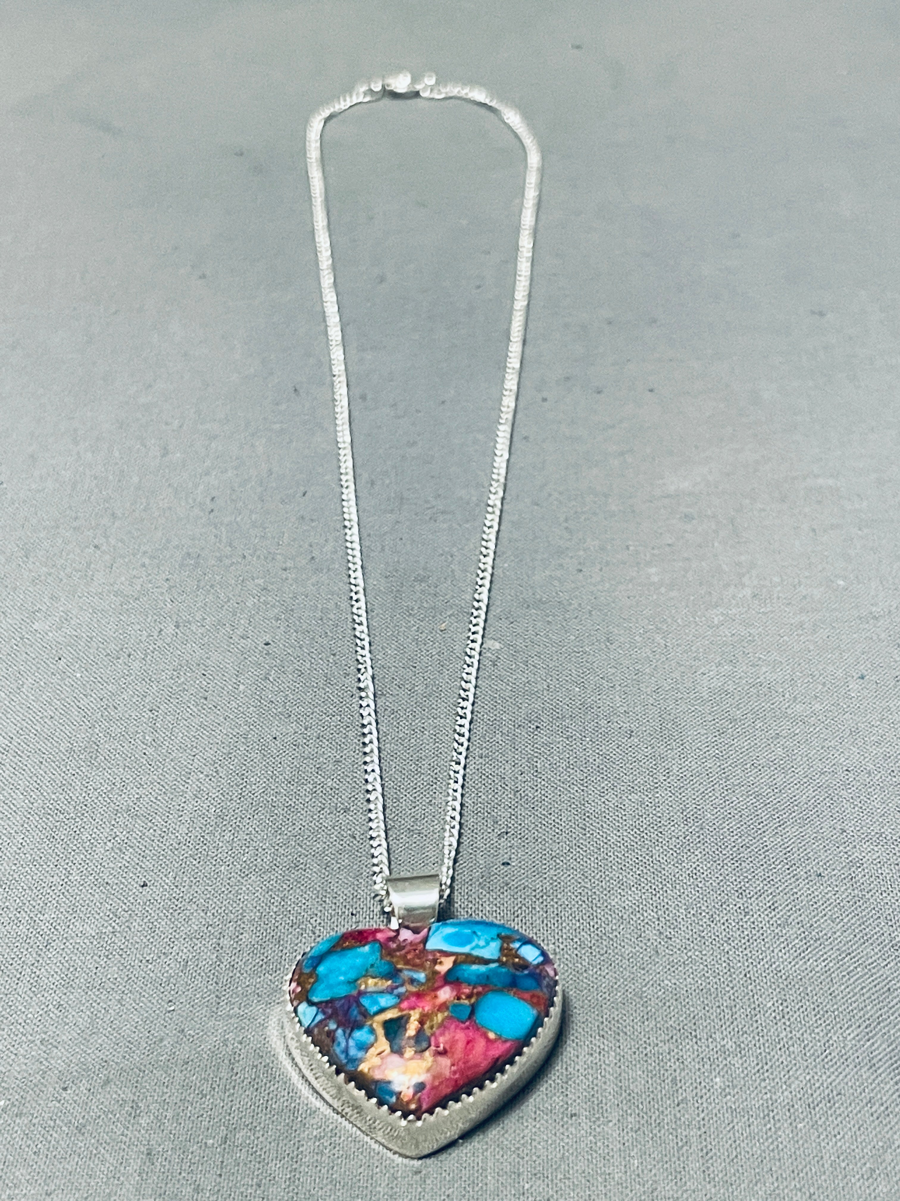 Amazing Native American Navajo Sterling Silver Multi-color Heart Necklace