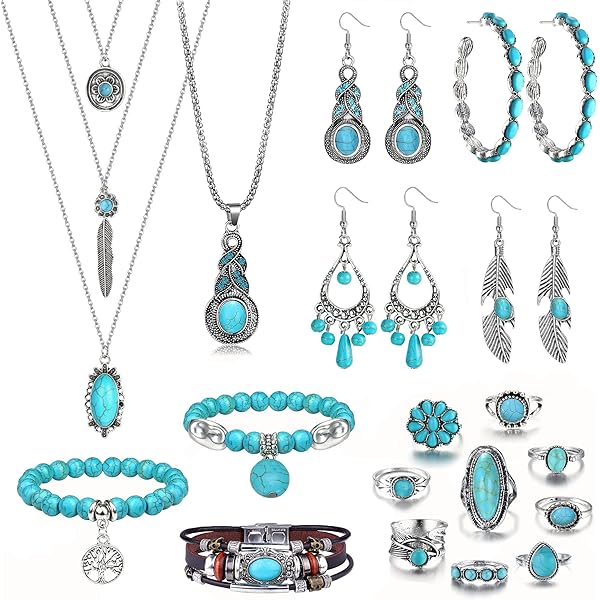 14 Pcs Bohemian Turquoise Jewelry Set for Women Western Jewelry Vintage Turquoise Pendant Necklace Turquoise Bead Bracelet Leather Cuff Bracelet Turquoise Dangle Earrings Turquoise Knuckle Rings Boho Jewelry