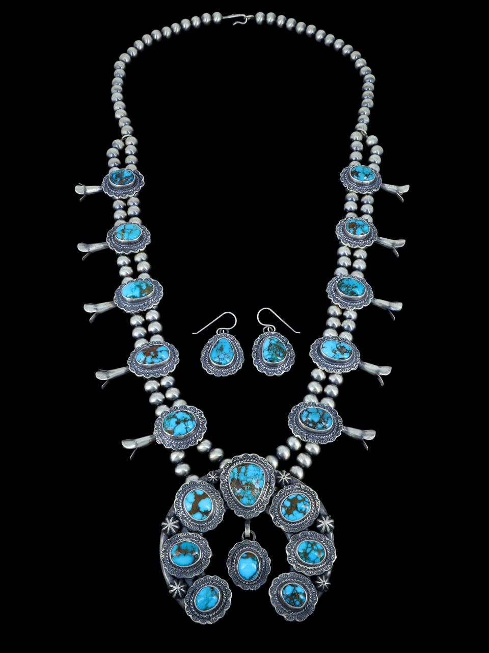 Lone Mountain Turquoise Sterling Silver Squash Blossom Necklace Set