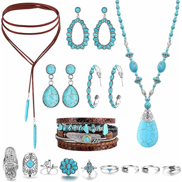 16 Pcs Western Jewelry for Women Bohemian Turquoise Jewelry Set, Boho Turquoise Long Choker Necklace Vintage Turquoise Drop Dangle Earrings Faux Leather Layered Bracelets Joint Knuckle Rings for Women Elegant Style