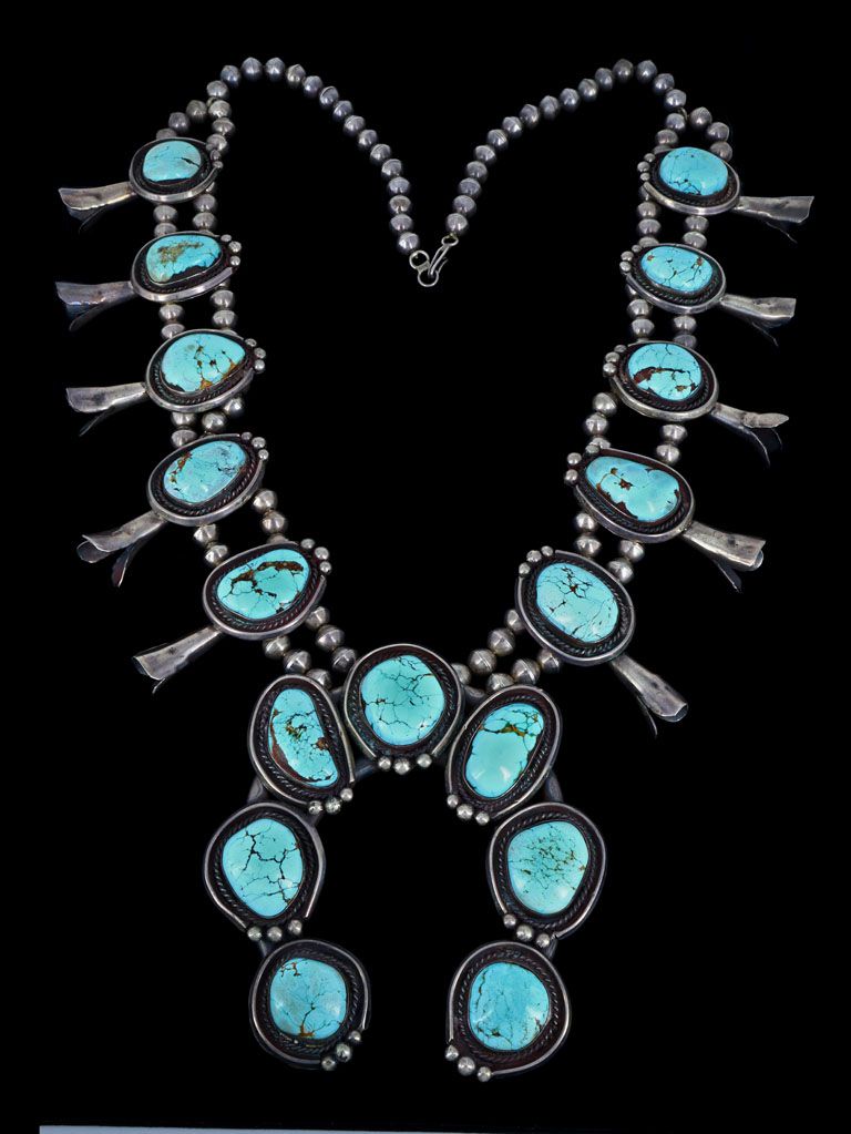 Large Vintage Navajo Battle Mountain Turquise Sterling Silver Squash Blossom Necklace