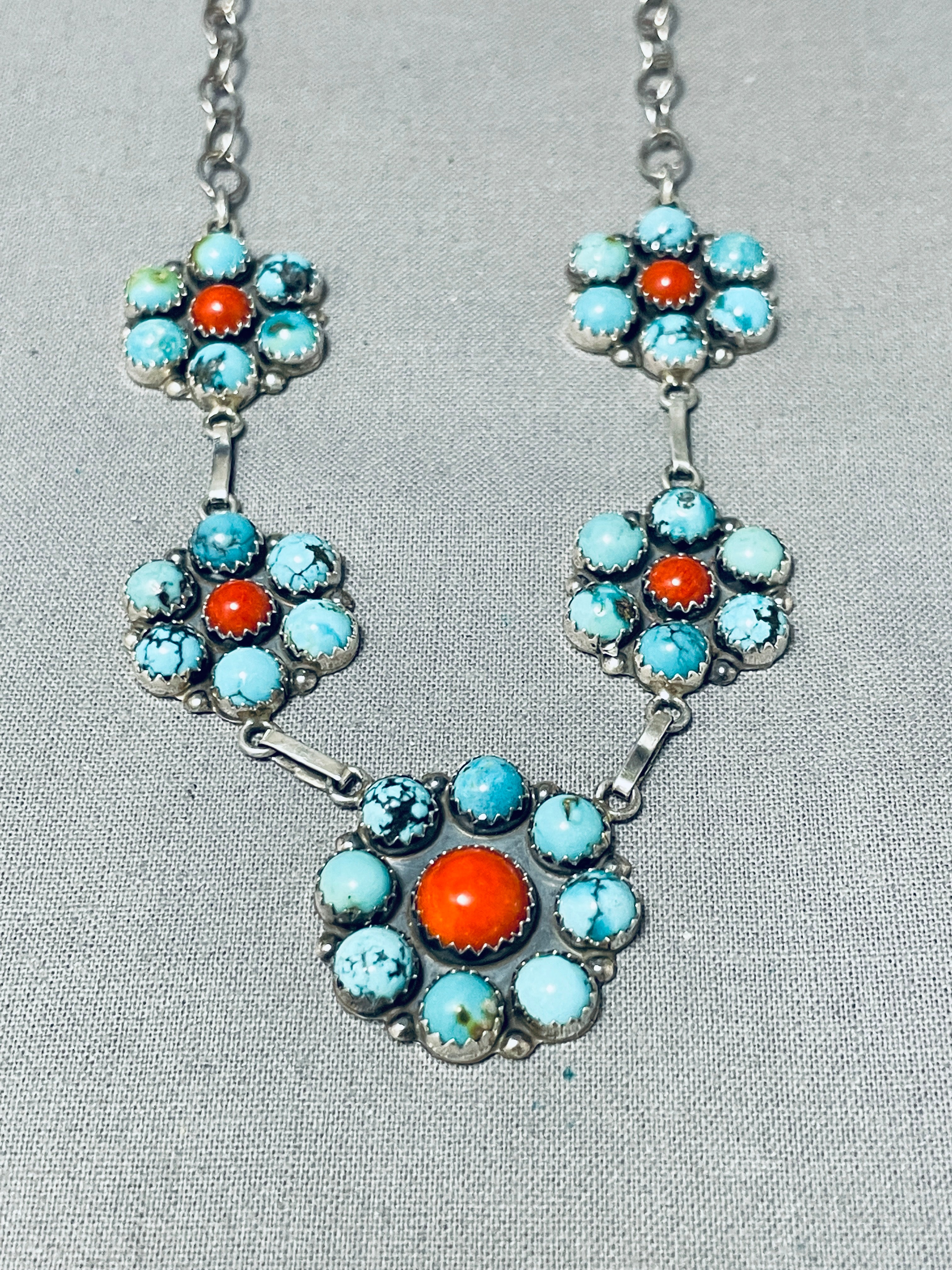 Beautiful Vintage Native American Zuni 5 Turquoise Coral Sterling Silver Clusters Necklace