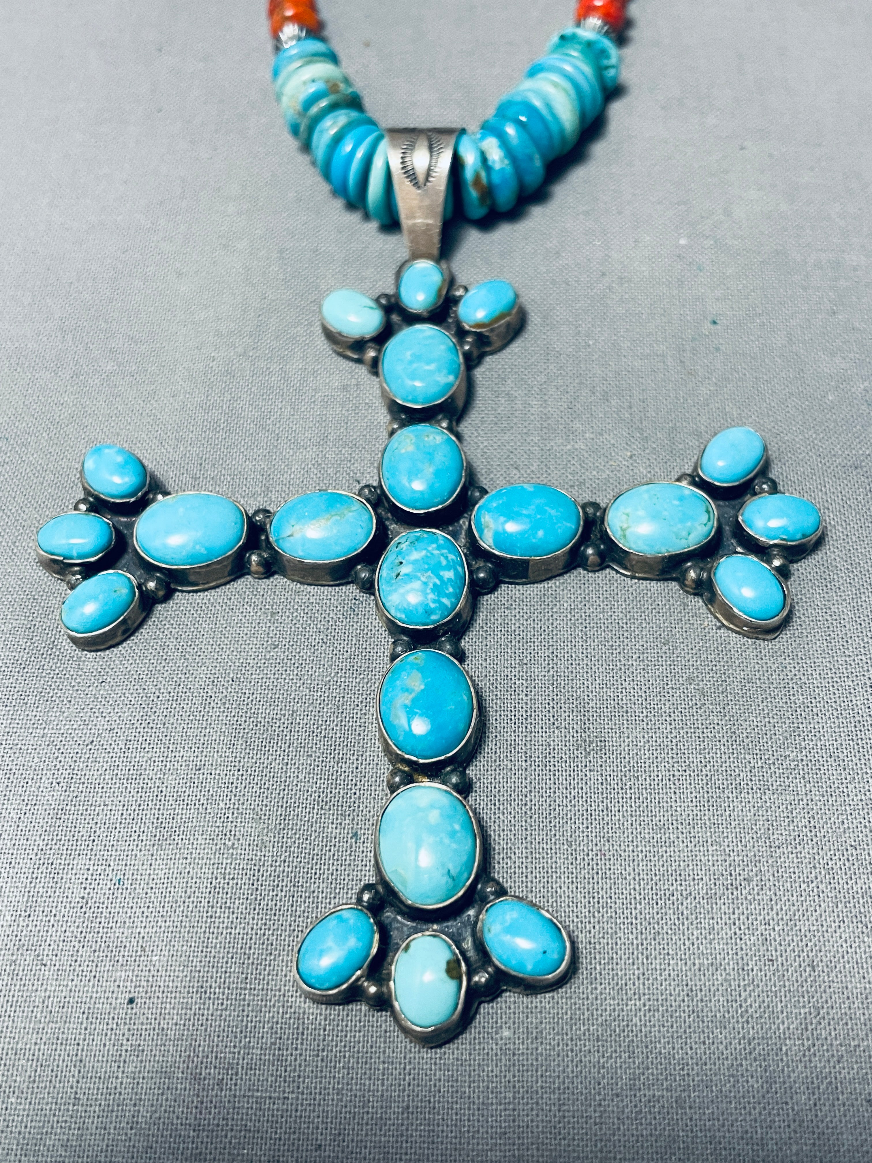 One Of The Biggest Vintage Native American Navajo Turquoise Sterling Silver Corss Necklace