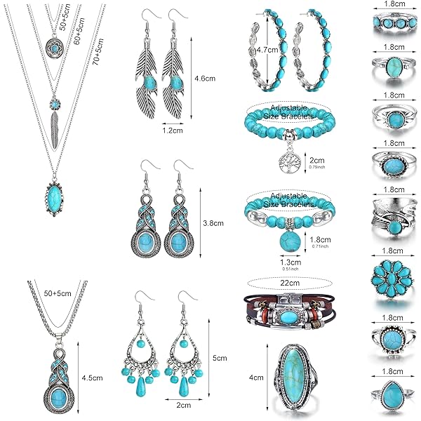 14 Pcs Bohemian Turquoise Jewelry Set for Women Western Jewelry Vintage Turquoise Pendant Necklace Turquoise Bead Bracelet Leather Cuff Bracelet Turquoise Dangle Earrings Turquoise Knuckle Rings Boho Jewelry