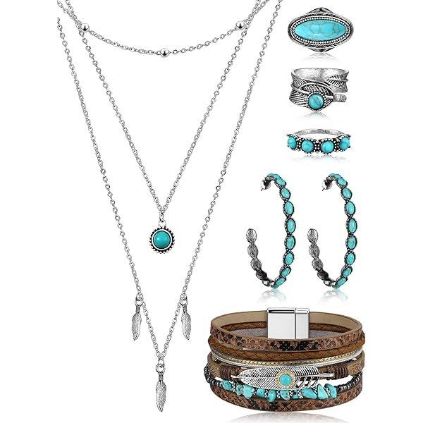 6 Pcs Bohemian Western Jewelry for Women Turquoise Set Bohemian Pendant Long Choker Faux Leather Layered Bracelets Vintage Turquoise Dangle Earrings Gemstone Ring Boho Turquoise Jewelry Set