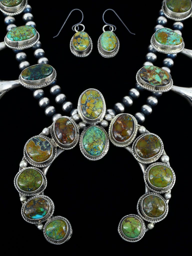 Native American Sterling Silver Sky Horse Turquoise Squash Blossom Necklace Set