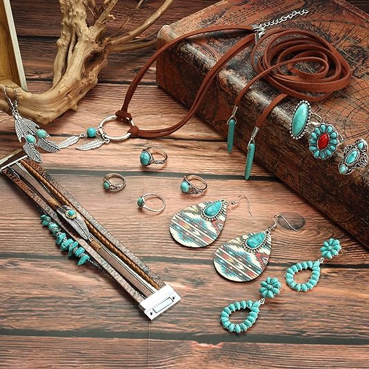 13 Pcs Turquoise Jewelry Set Turquoise Faux Leather Cuff Bracelet Turquoise Pendant Choker Necklace Turquoise Hoop Dangle Earrings Turquoise Joint Knuckle Rings