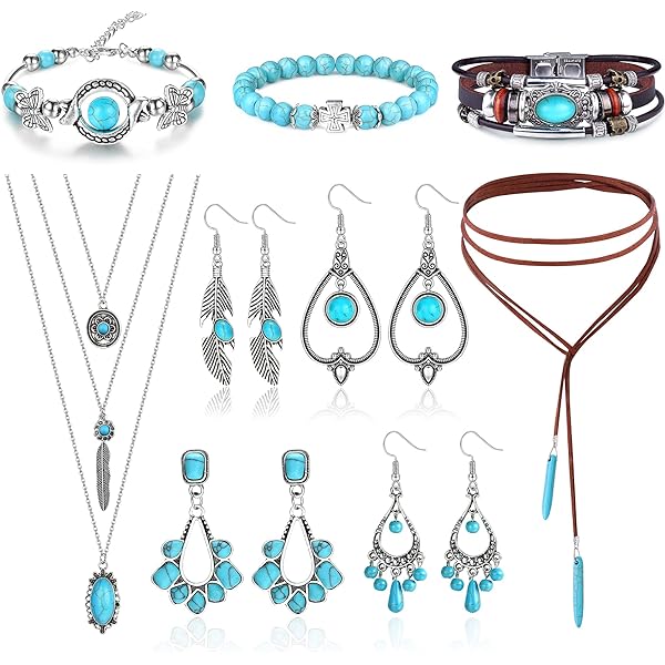 13 Pcs Western Jewelry for Women Bohemian Turquoise Boho Turquoise Pendant Long Choker Vintage Turquoise Dangle Earrings Faux Leather Layered Bracelets Jewelry Set