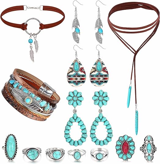 13 Pcs Turquoise Jewelry Set Turquoise Faux Leather Cuff Bracelet Turquoise Pendant Choker Necklace Turquoise Hoop Dangle Earrings Turquoise Joint Knuckle Rings