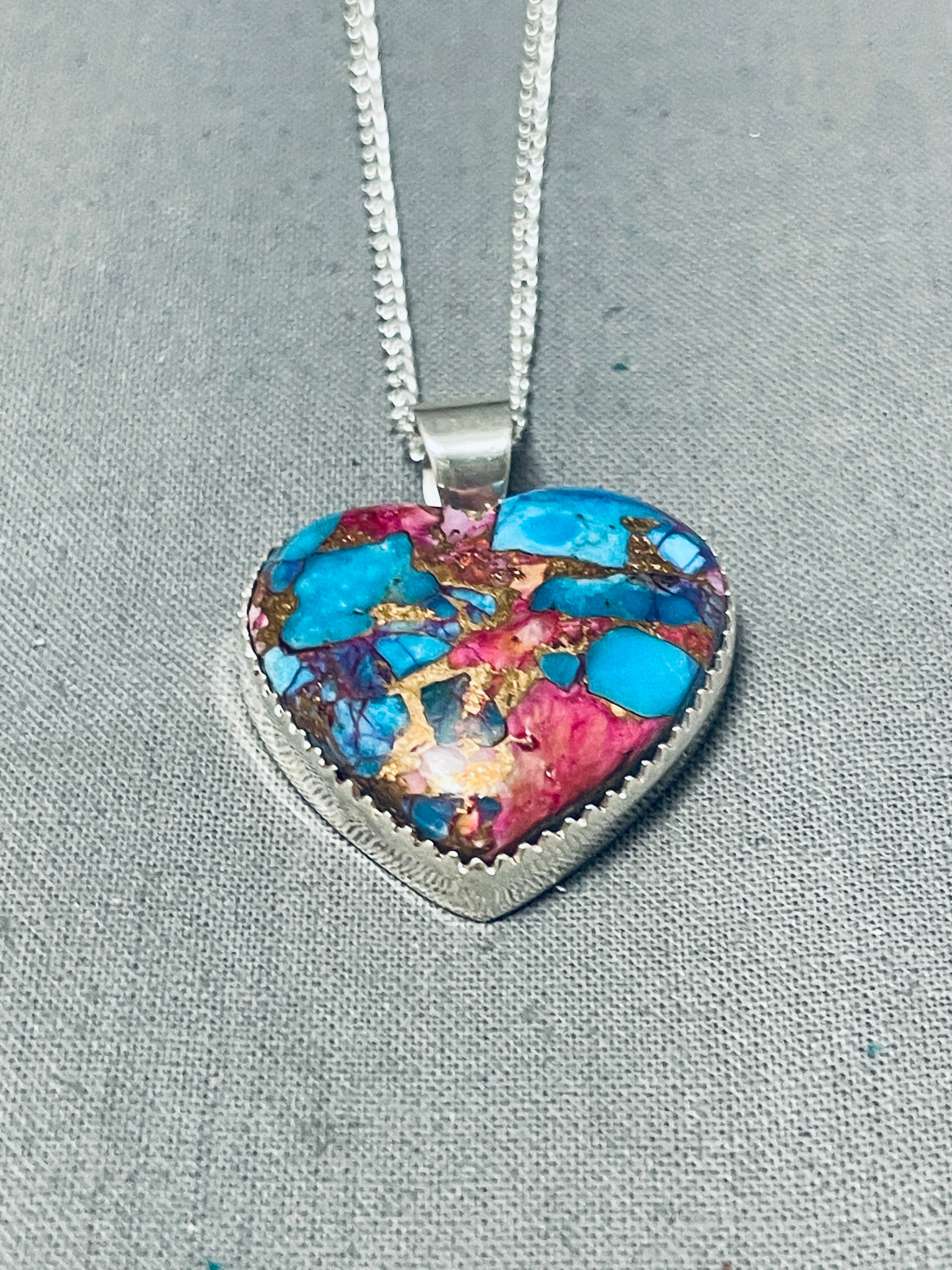 Amazing Native American Navajo Sterling Silver Multi-color Heart Necklace