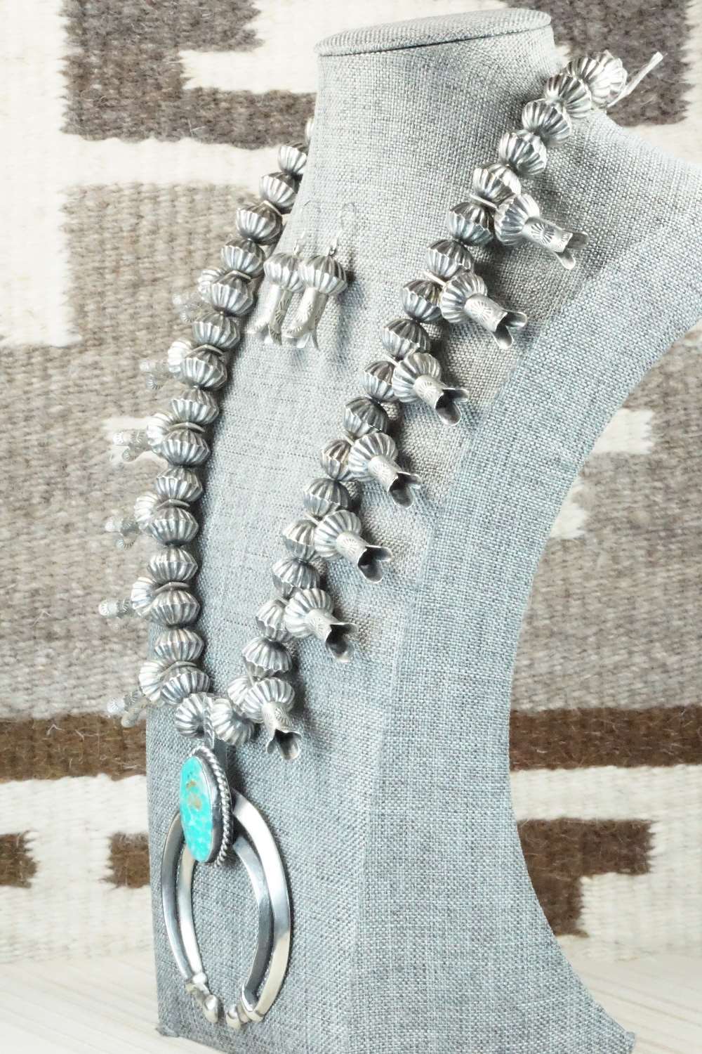 Turquoise & Sterling Silver Squash Blossom Necklace and Earrings - Chris Hale
