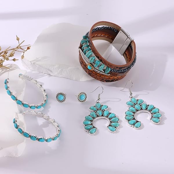 14 Pcs CASDAN Western Jewelry For Women Bohemian Turquoise Jewelry Set Navajo Pearl Choker Necklace Turquoise Faux Leather Cuff Bracelet Turquoise Hoop Dangle Earrings Turquoise Joint Knuckle Rings Western Jewelry Set