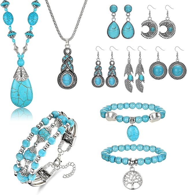 10 Pcs Turquoise Jewelry Set Women Western Turquoise Pendant Necklace Layered Wrap Bangle Bracelet Turquoise Vintage Turquoise Dangle Earrings Boho Jewelry for Women
