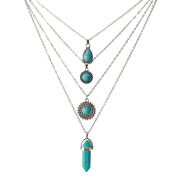 4 PCS Silver Turquoise Layered Necklaces for Women Girls 4PCS