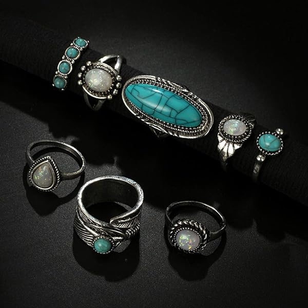 8 Pcs Bohemian Joint Knuckle Rings Set Oval Turquoise Finger Ring Opal Gemstone Teardrop Midi, Punk Leaf Index Ring for Women and Girls