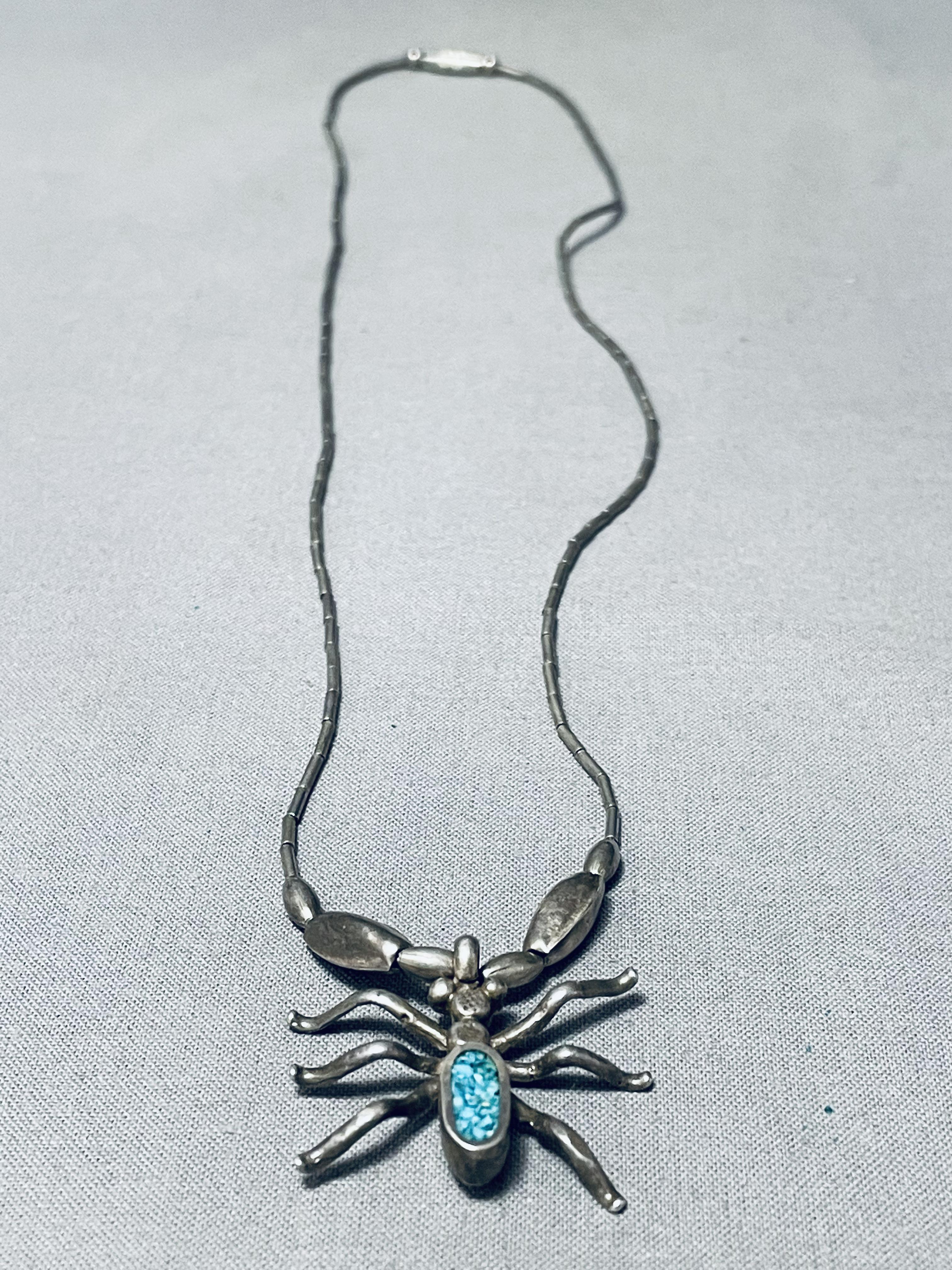 Very Unique Vintage Native American Navajo Spider Turquoise Inlay Sterling Silver Necklace