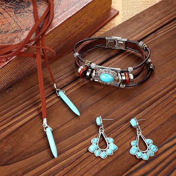 13 Pcs Western Jewelry for Women Bohemian Turquoise Boho Turquoise Pendant Long Choker Vintage Turquoise Dangle Earrings Faux Leather Layered Bracelets Jewelry Set