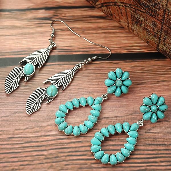 13 Pcs Western Jewelry for Women Bohemian Turquoise Jewelry Set Turquoise Faux Leather Cuff Bracelet Turquoise Pendant Choker Necklace Turquoise Hoop Dangle Earrings Turquoise Joint Knuckle Rings