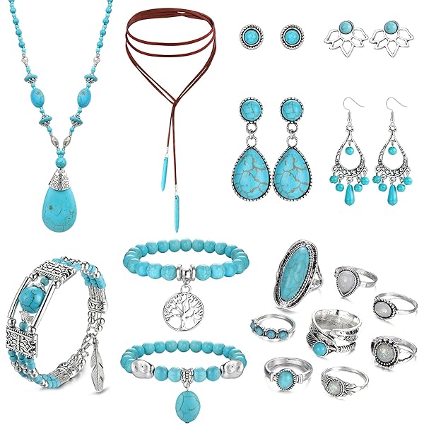 17 Pcs Bohemian Turquoise Jewelry Set Turquoise Pendant Necklace Turquoise Faux Leather Cuff Bracelet Turquoise Dangle Earrings Vintage Turquoise Knuckle Rings for Women