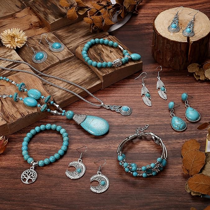 10 Pcs Turquoise Jewelry Set Women Western Turquoise Pendant Necklace Layered Wrap Bangle Bracelet Turquoise Vintage Turquoise Dangle Earrings Boho Jewelry for Women