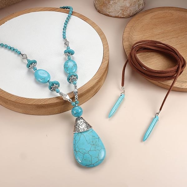 17 Pcs Bohemian Turquoise Jewelry Set Turquoise Pendant Necklace Turquoise Faux Leather Cuff Bracelet Turquoise Dangle Earrings Vintage Turquoise Knuckle Rings for Women