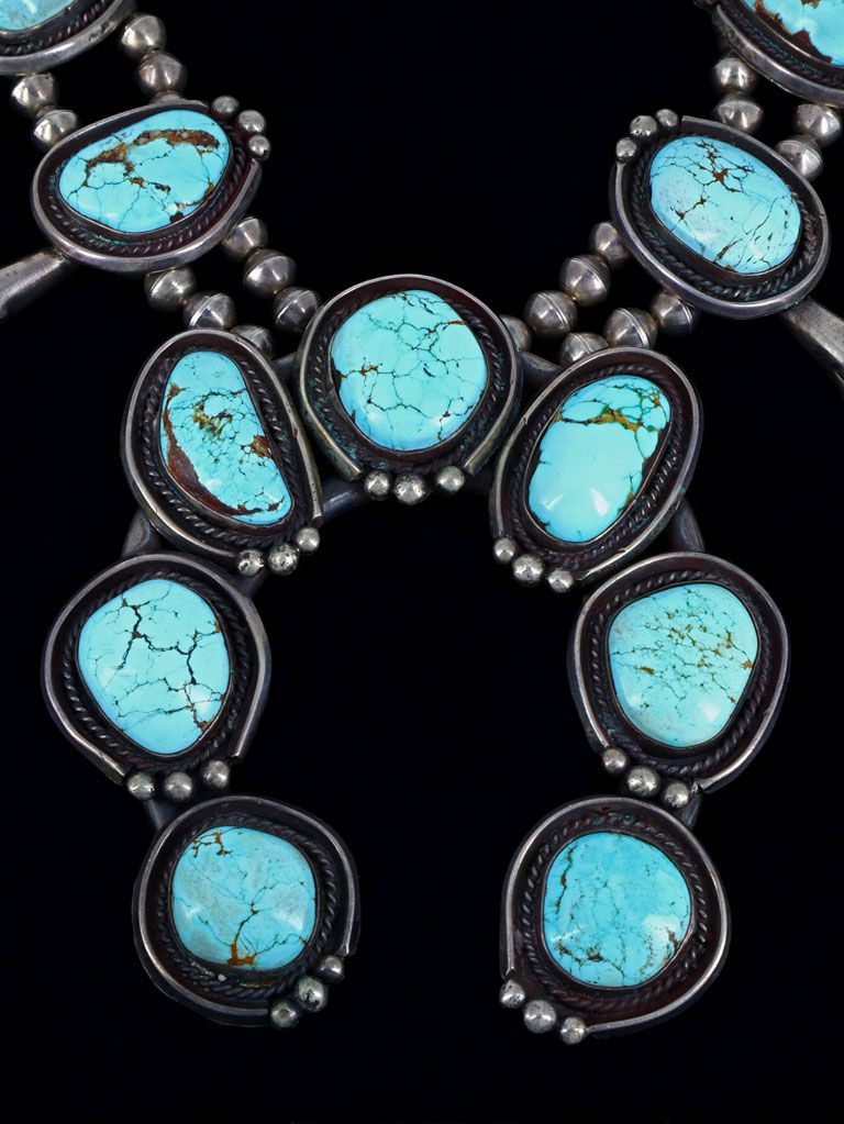 Large Vintage Navajo Battle Mountain Turquise Sterling Silver Squash Blossom Necklace
