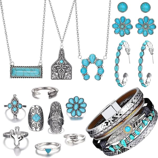 15 Pcs Western Jewelry For Women Boho Turquoise Jewelry Set Western Pendant Necklace Turquoise Earrings Faux Leather Wrap Bracelet Bohemian Western Joint Knuckle Midi Rings Cowgirl Outfits Accessories