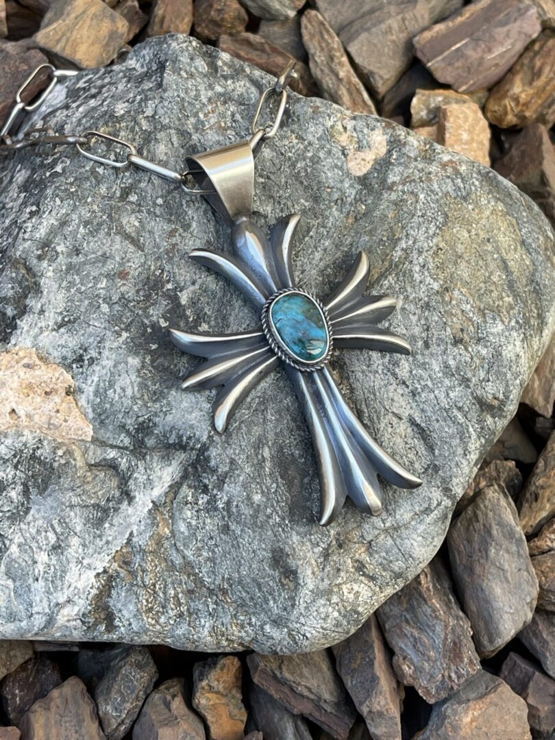 Sterling Silver Sand Cast Turquoise Cross Pendant