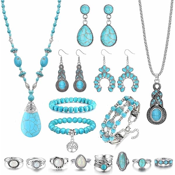 16 Pcs Western Jewelry for Women Bohemian Turquoise Jewelry Set, Boho Turquoise Long Choker Necklace Vintage Turquoise Drop Dangle Earrings Faux Leather Layered Bracelets Joint Knuckle Rings for Women Elegant Style