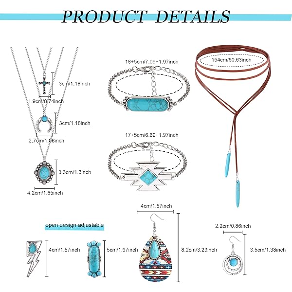 14 Pcs Western Jewelry For Women Bohemian Turquoise Jewelry Set Turquoise Pendant Choker Necklace Turquoise Faux Leather Cuff Bracelet Turquoise Hoop Dangle Earrings Turquoise Joint Knuckle Rings