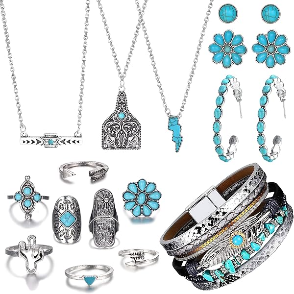 15 Pcs Western Jewelry For Women Boho Turquoise Jewelry Set Western Pendant Necklace Turquoise Earrings Faux Leather Wrap Bracelet Bohemian Western Joint Knuckle Midi Rings Cowgirl Outfits Accessories
