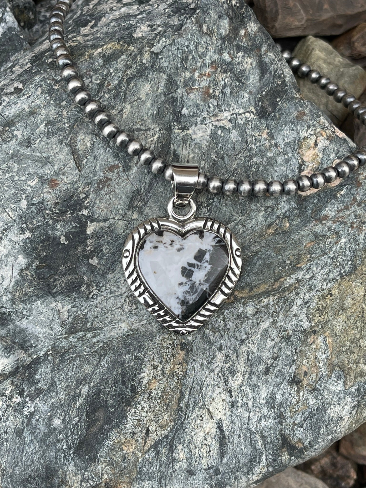 Handmade Sterling Silver White Buffalo Heart Pendant