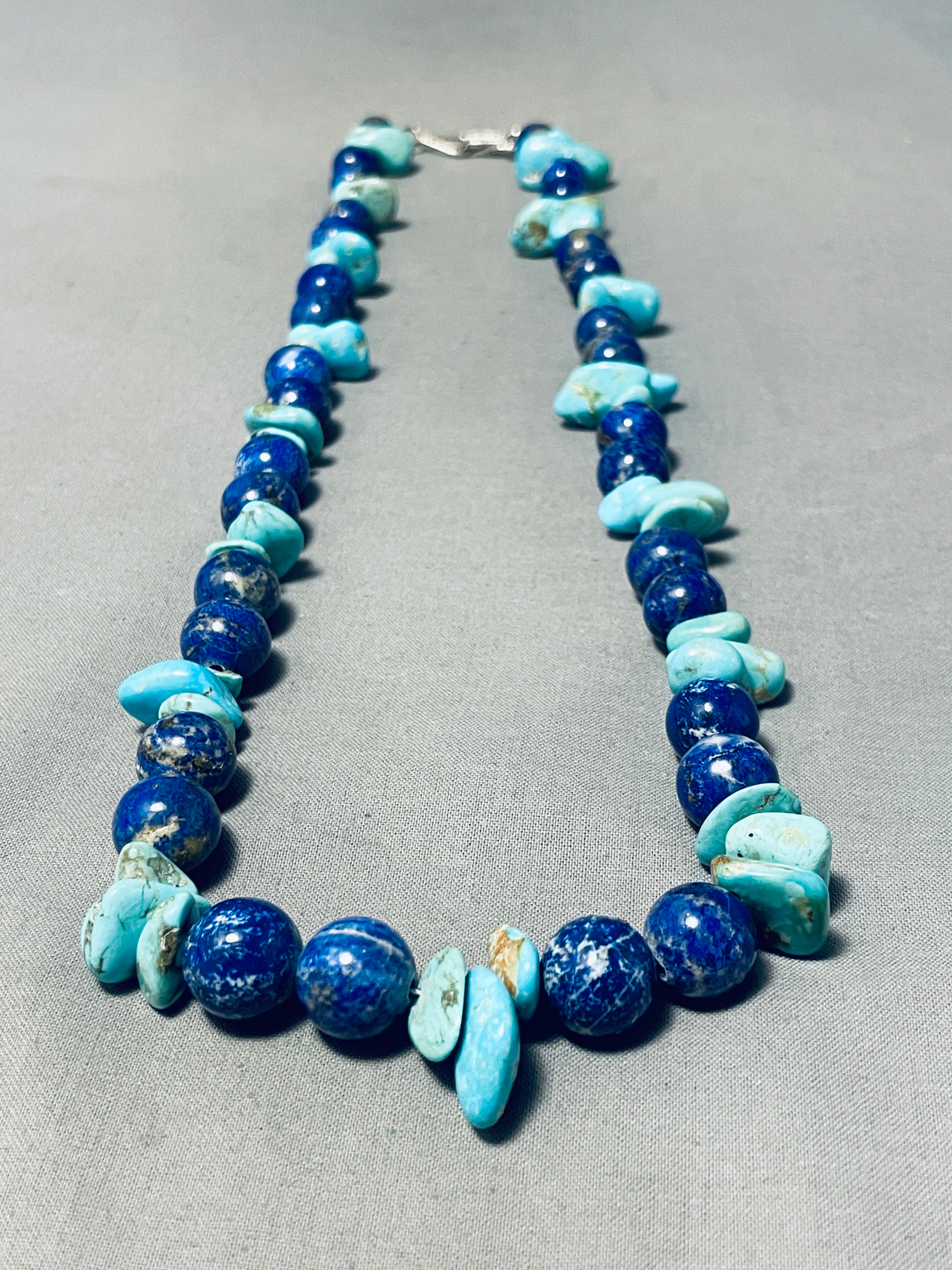 Unbelievable Native American Navajo Turquoise & Lapis Sterling Silver Necklace
