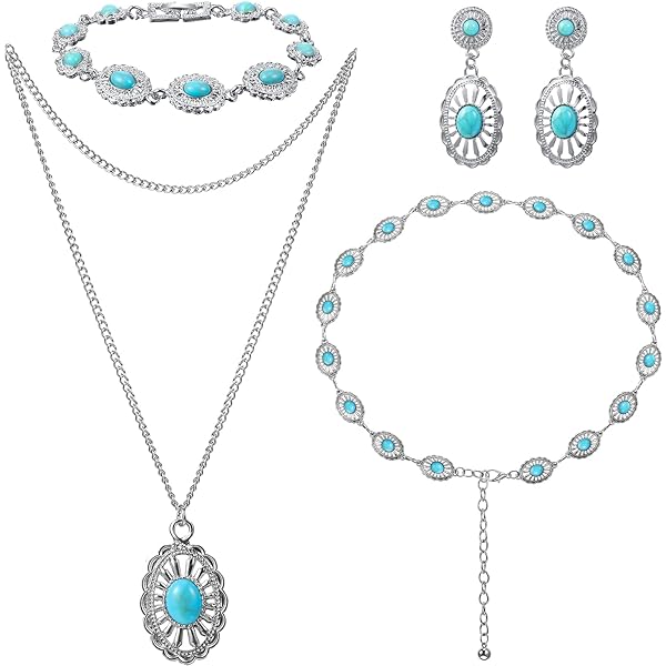 4 Pcs Bohemian Turquoise Jewelry Set, Turquoise Necklace, Vintage Turquoise Dangle Earrings and Bracelet, Western Adjustable Belt Boho Jewelry for Women Fresh Style