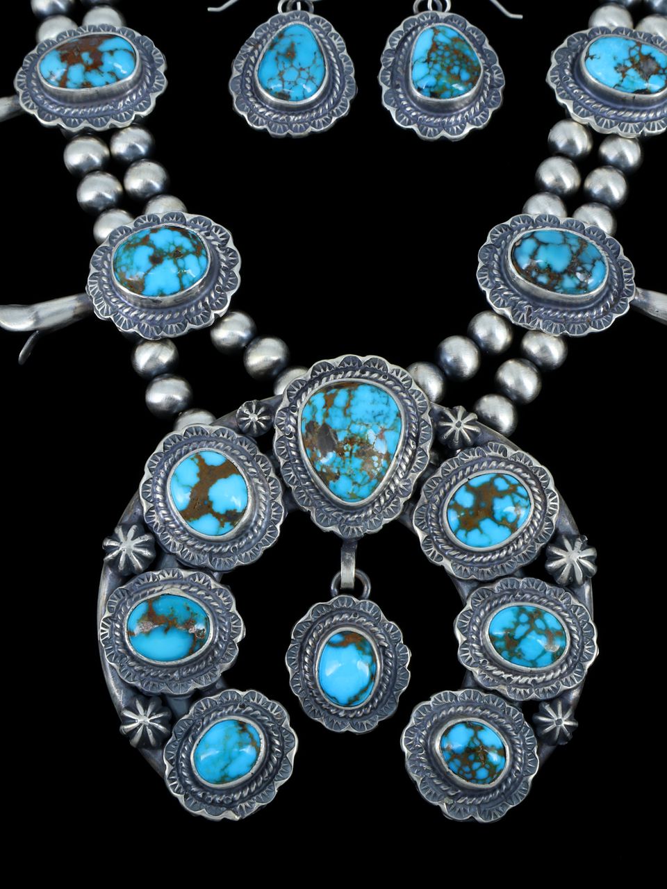 Lone Mountain Turquoise Sterling Silver Squash Blossom Necklace Set