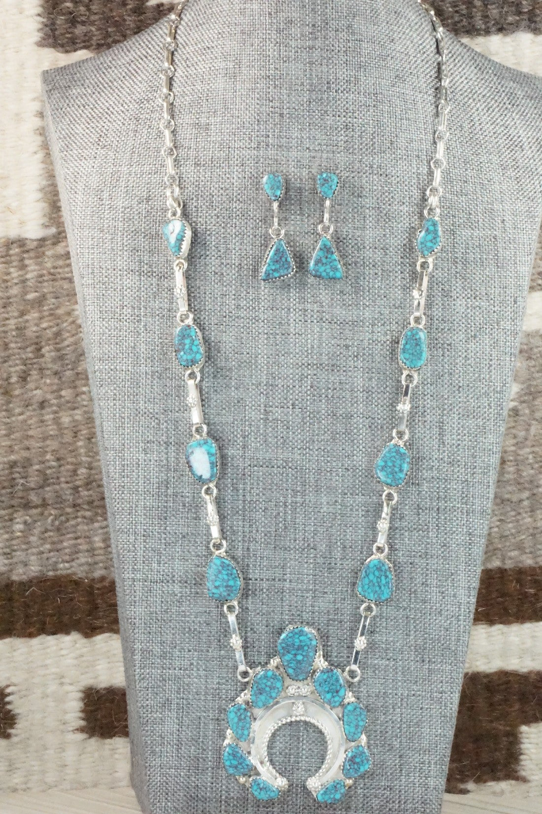 Turquoise & Sterling Silver Necklace and Earrings Set - Vangie Tsabetsaye