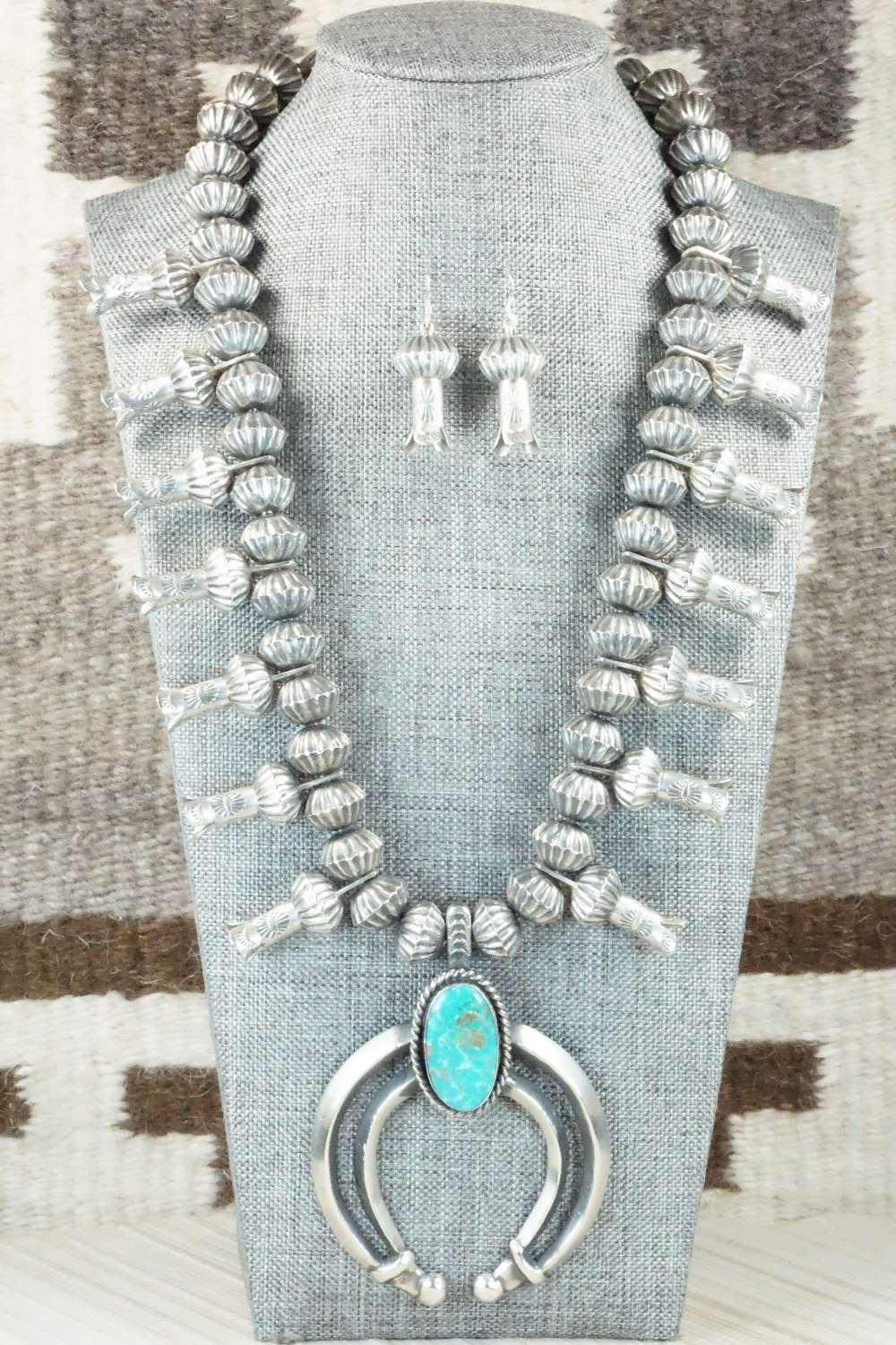 Turquoise & Sterling Silver Squash Blossom Necklace and Earrings - Chris Hale