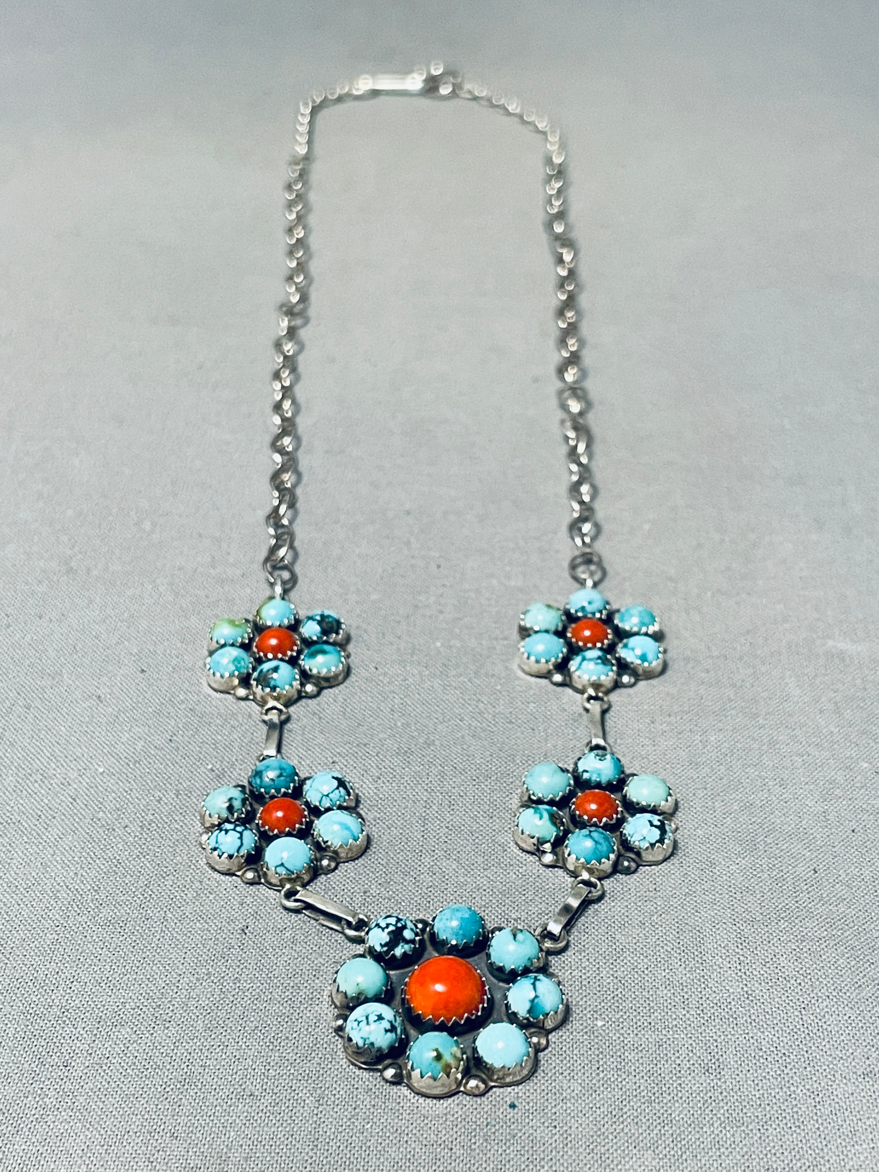 Beautiful Vintage Native American Zuni 5 Turquoise Coral Sterling Silver Clusters Necklace