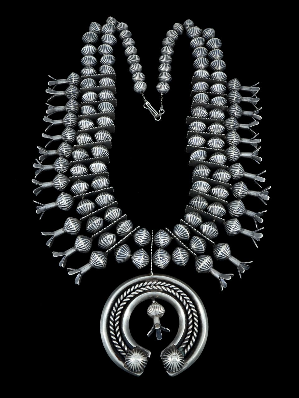 Vintage Old Native American Sterling Silver Squash Blossom Necklace