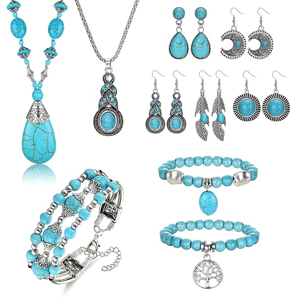 10 Pcs Bohemian Turquoise Jewelry Set Women Western Turquoise Pendant Necklace Layered Wrap Bangle Bracelet Turquoise Vintage Turquoise Dangle Earrings Boho Jewelry for Women 2#