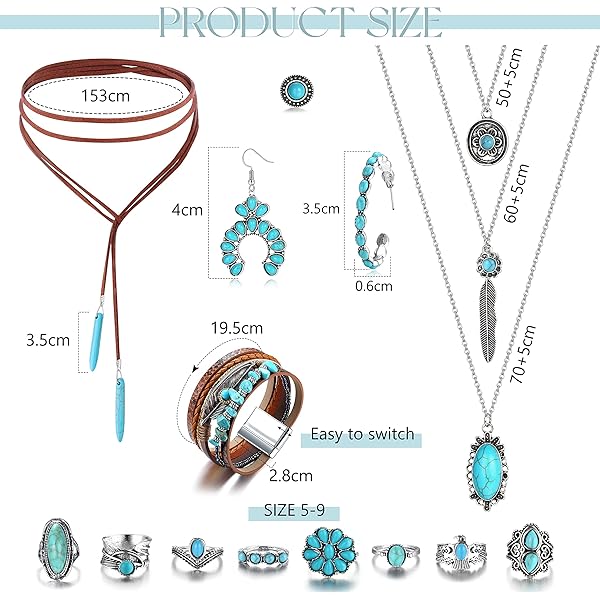 14 Pcs Western Jewelry For Women Bohemian Turquoise Jewelry Set Turquoise Pendant Choker Necklace Turquoise Faux Leather Cuff Bracelet Turquoise Hoop Dangle Earrings Turquoise Joint Knuckle Rings