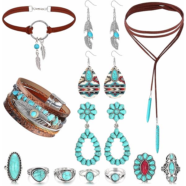 13 Pcs Western Jewelry for Women Bohemian Turquoise Jewelry Set Turquoise Faux Leather Cuff Bracelet Turquoise Pendant Choker Necklace Turquoise Hoop Dangle Earrings Turquoise Joint Knuckle Rings