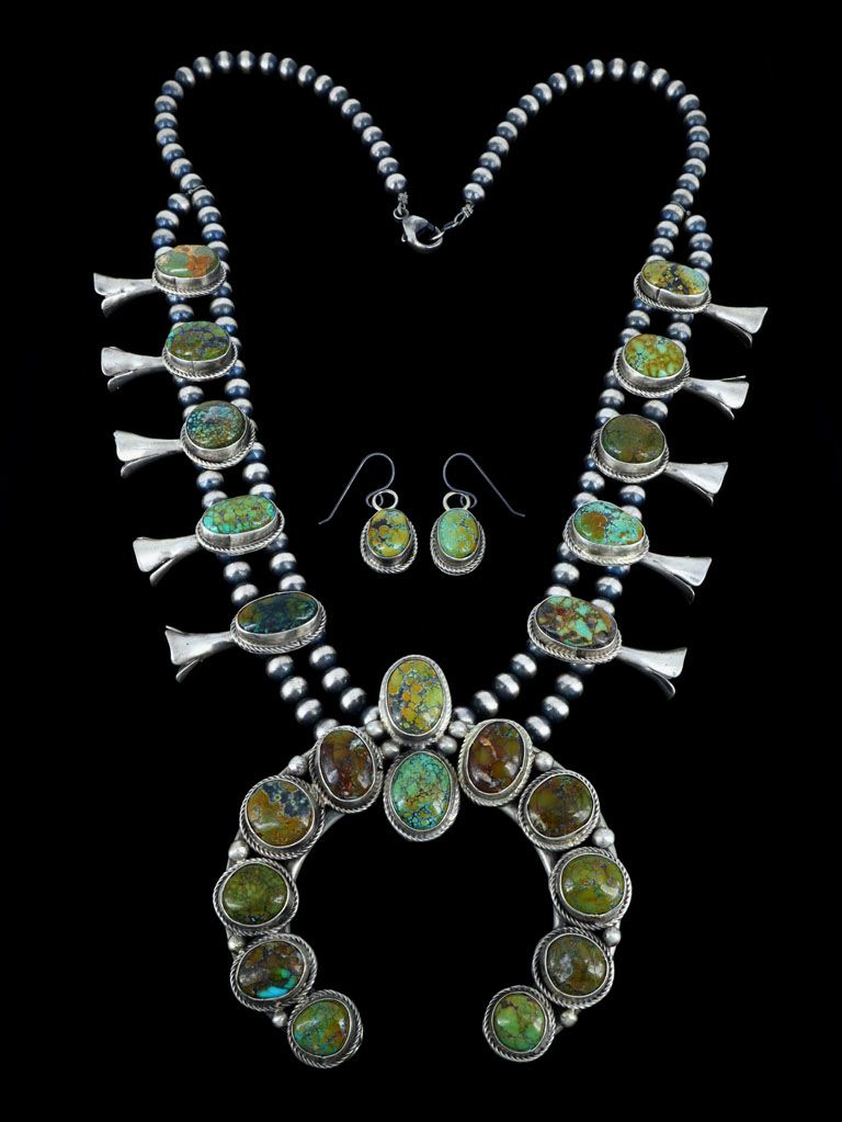 Native American Sterling Silver Sky Horse Turquoise Squash Blossom Necklace Set