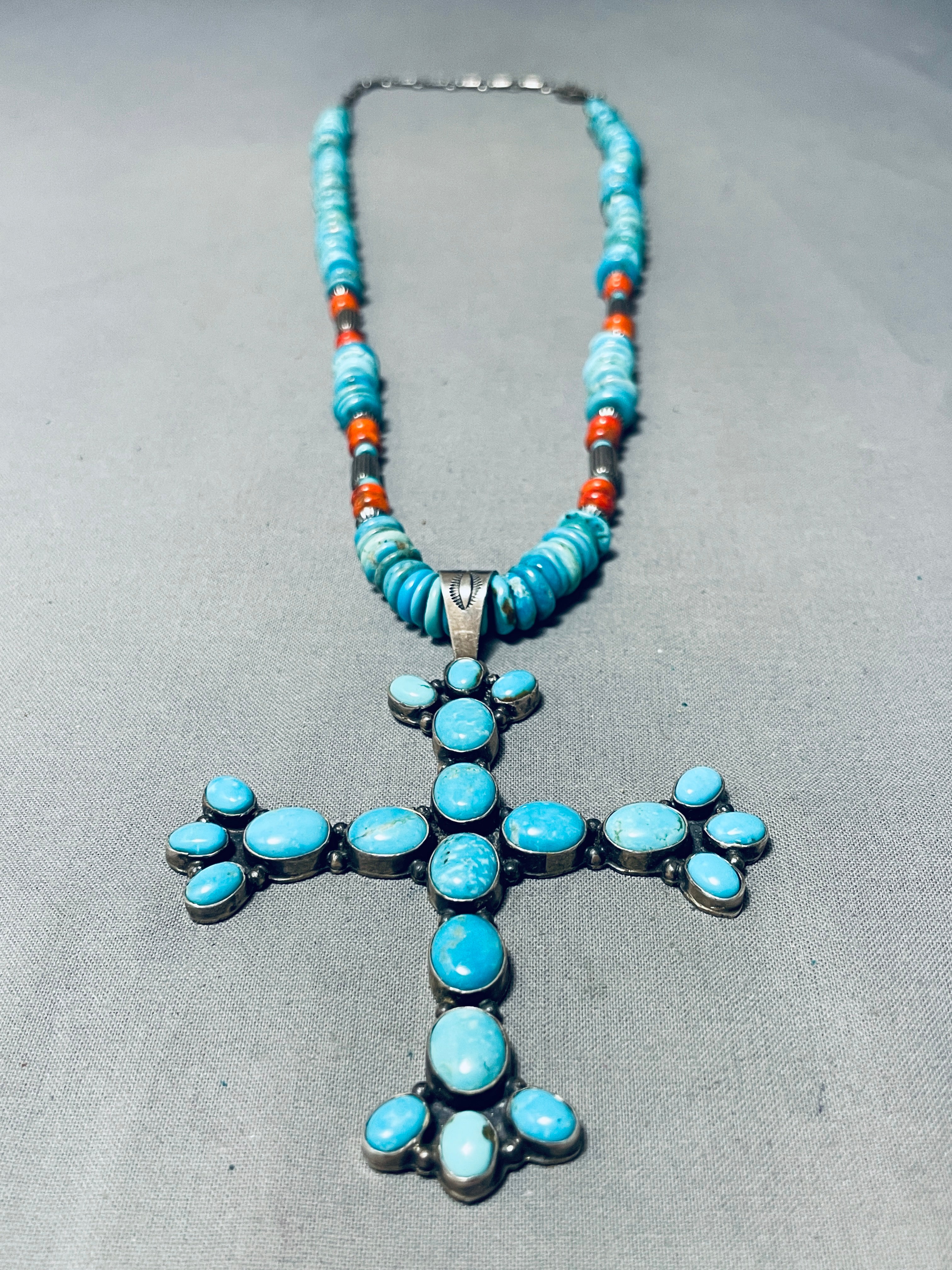 One Of The Biggest Vintage Native American Navajo Turquoise Sterling Silver Corss Necklace