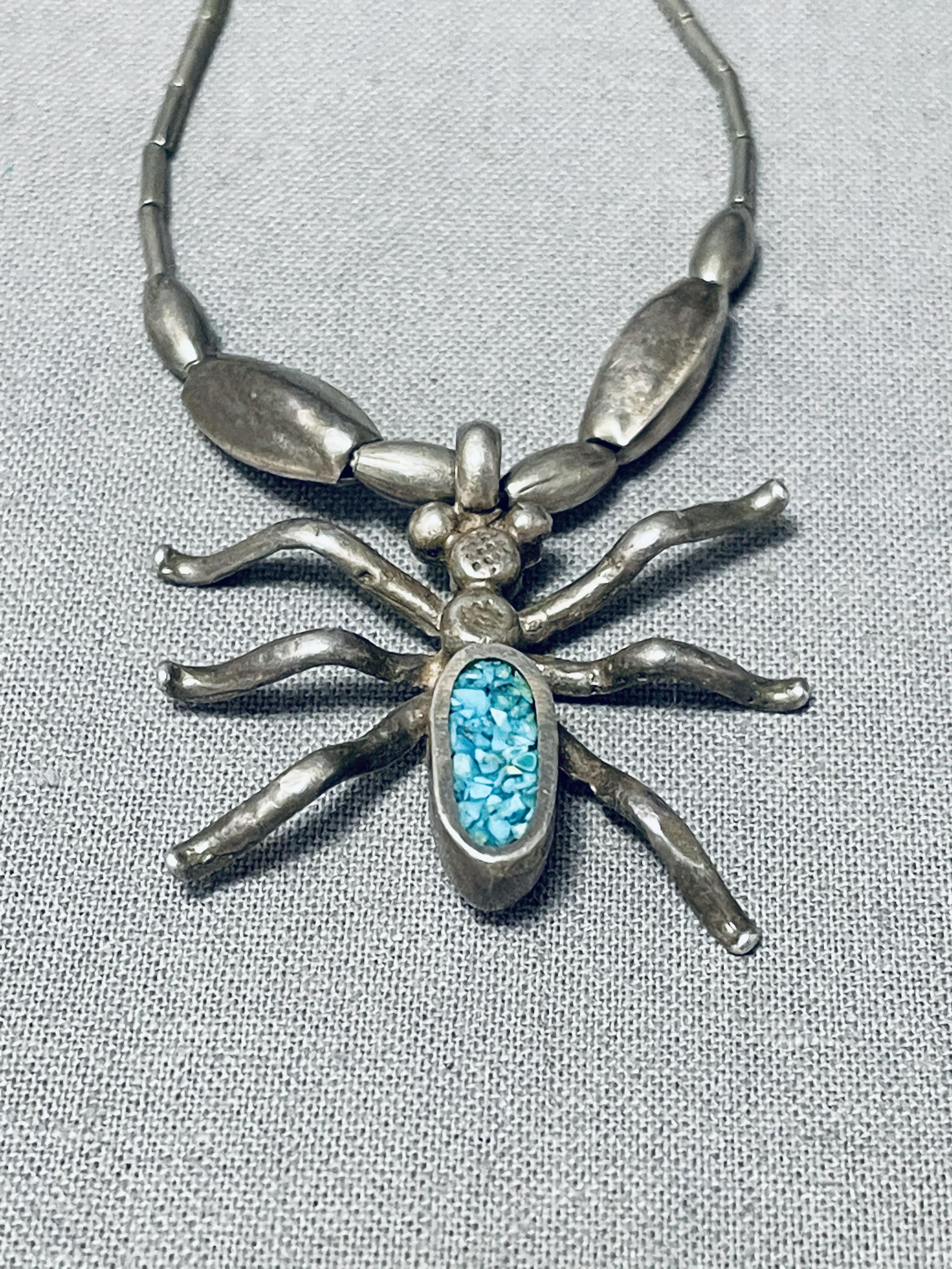 Very Unique Vintage Native American Navajo Spider Turquoise Inlay Sterling Silver Necklace