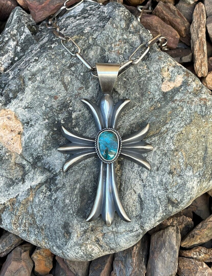 Sterling Silver Sand Cast Turquoise Cross Pendant