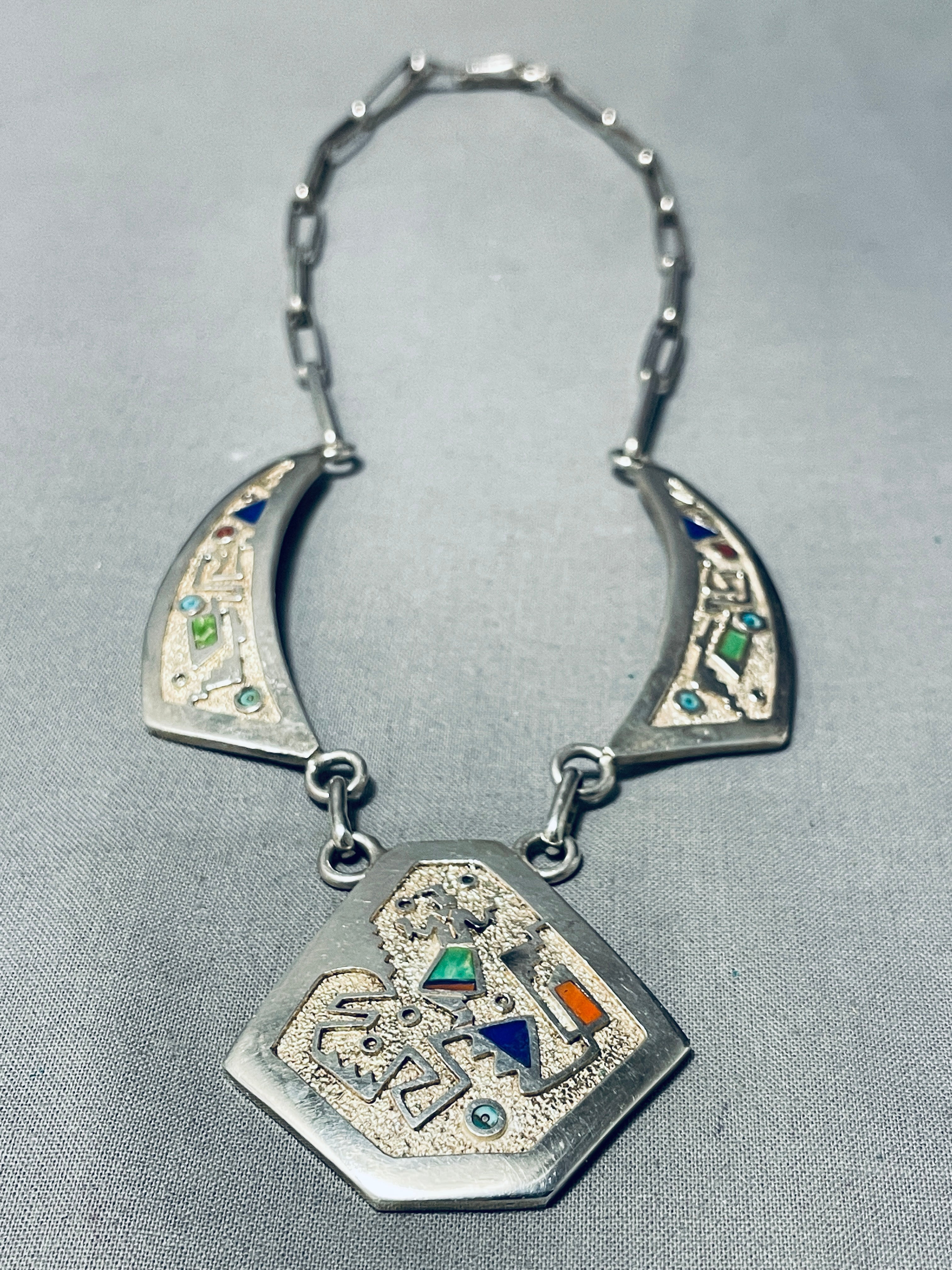One Of The Coolest Vintage Native American Navajo Turquoise Inlay Sterling Silver Necklace