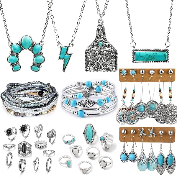 47 PCS Silver Bohemian Jewelry Set With 4pcs Turquoise Necklace,12 pairs Dangle Earrings, 11pcs Stackable Bangle Bracelets, 20pcs Knuckle Rings For Women Girls Vintage Western Boho Turquoise Anniversary Birthday Friendship Gift